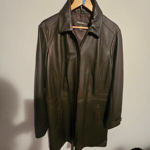 Women's Eddie Bauer Heavy Leather Jacket Sz Tall XL Brown Trench Coat Long